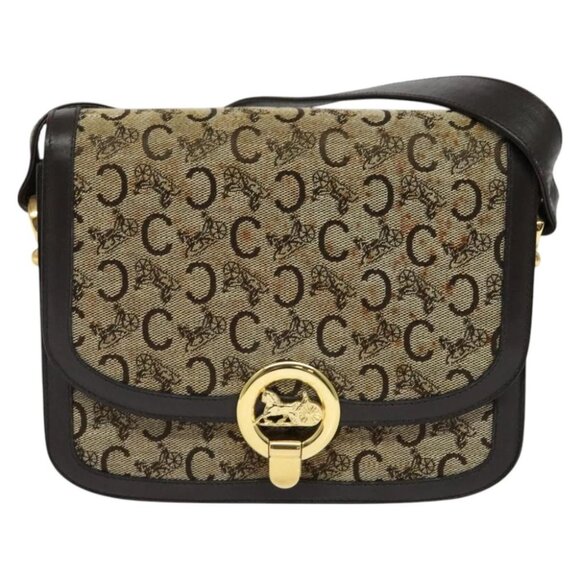 CELINE C Sulky Shoulder Bag Canvas Brown gold Auth - Picture 1 of 15